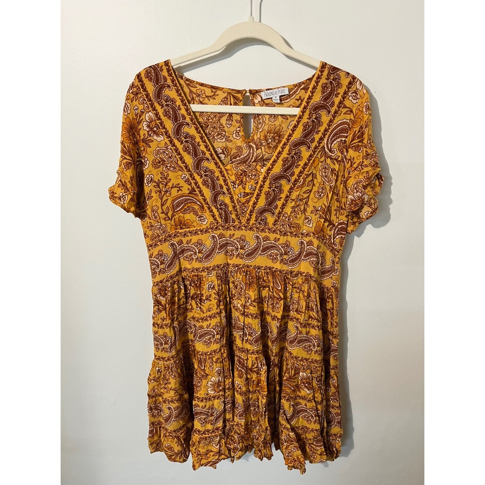 Patrons of Peace Mustard Yellow Paisley Floral Boho Tiered Mini Dress Medium